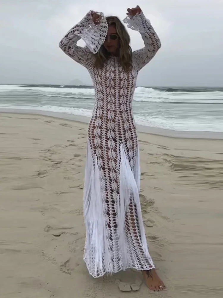 IMIEMIE Elegant Tassels Patchwork Hollow Out Maxi Dress Women Fashion Round Neck Flare Long Sleeves Dresses Beach Vocation Sexy Robes