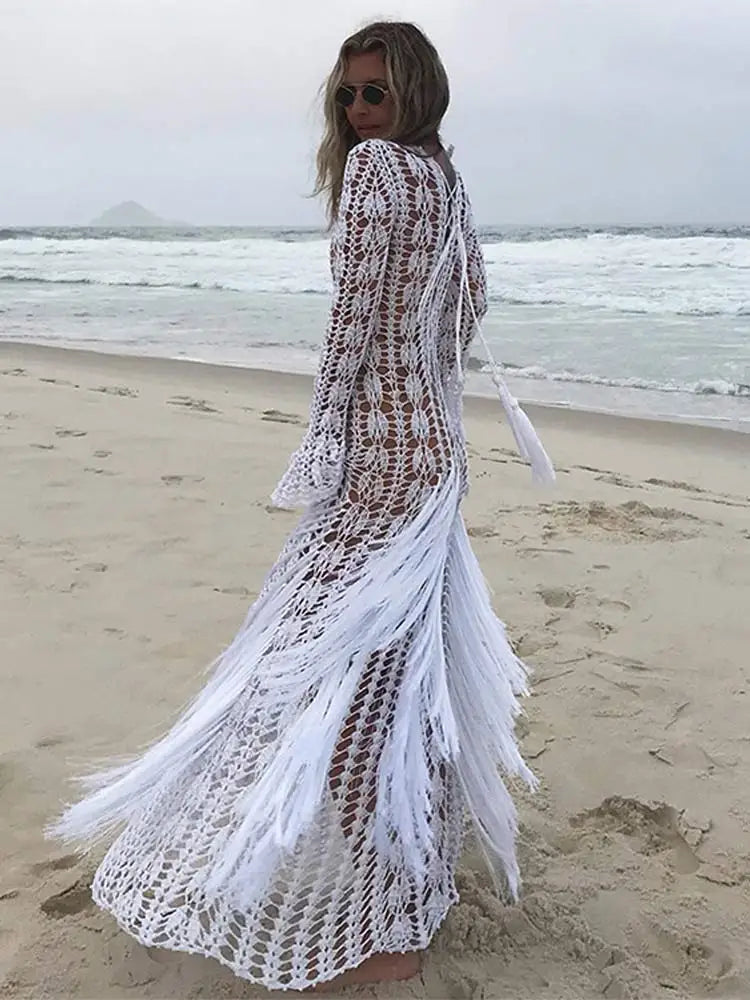 IMIEMIE Elegant Tassels Patchwork Hollow Out Maxi Dress Women Fashion Round Neck Flare Long Sleeves Dresses Beach Vocation Sexy Robes