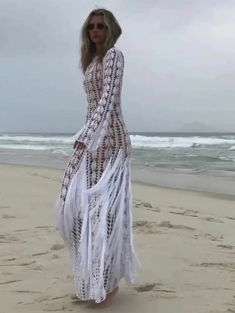 IMIEMIE Elegant Tassels Patchwork Hollow Out Maxi Dress Women Fashion Round Neck Flare Long Sleeves Dresses Beach Vocation Sexy Robes