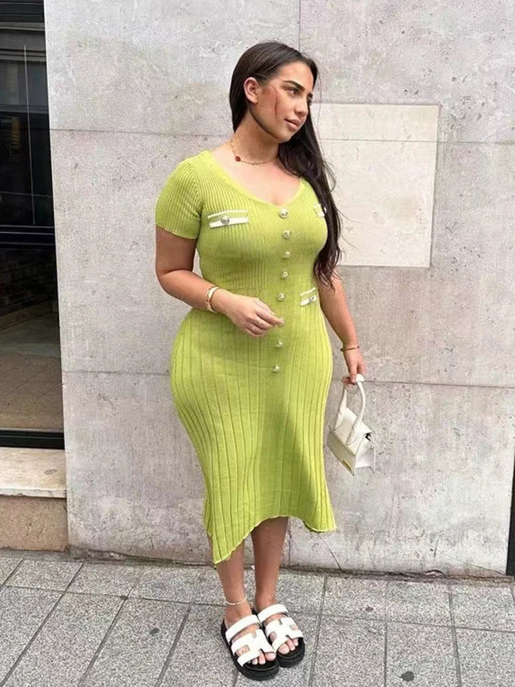 IMIEMIE Elegant V Neck Knitted Long Dress Women Summer Fashion Short Sleeve Buttons Bodycon Dresses Office Lady Pockets Fashion Robes