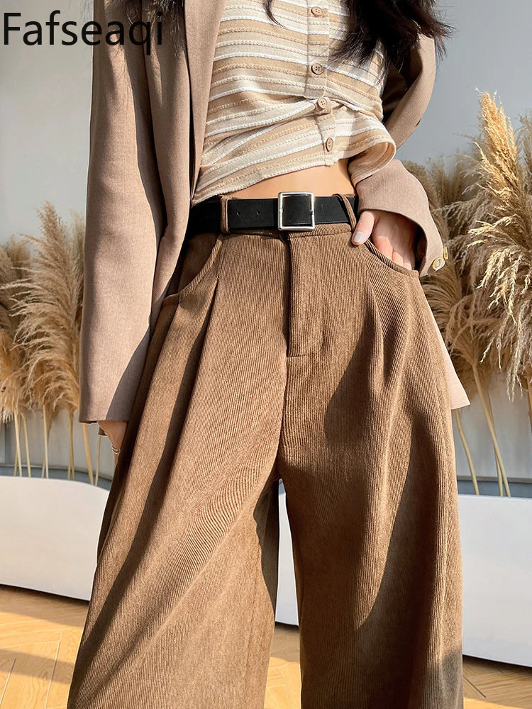 IMIEMIE Elegant Wide Leg Pants for Women 2024 Autumn New Maillard Full Length Trousers Winter Women's Baggy Pants with Velvet Sweatpants