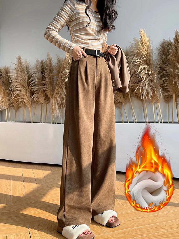 IMIEMIE Elegant Wide Leg Pants for Women 2024 Autumn New Maillard Full Length Trousers Winter Women's Baggy Pants with Velvet Sweatpants