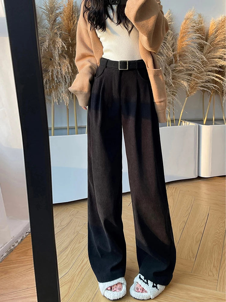 IMIEMIE Elegant Wide Leg Pants for Women 2024 Autumn New Maillard Full Length Trousers Winter Women's Baggy Pants with Velvet Sweatpants