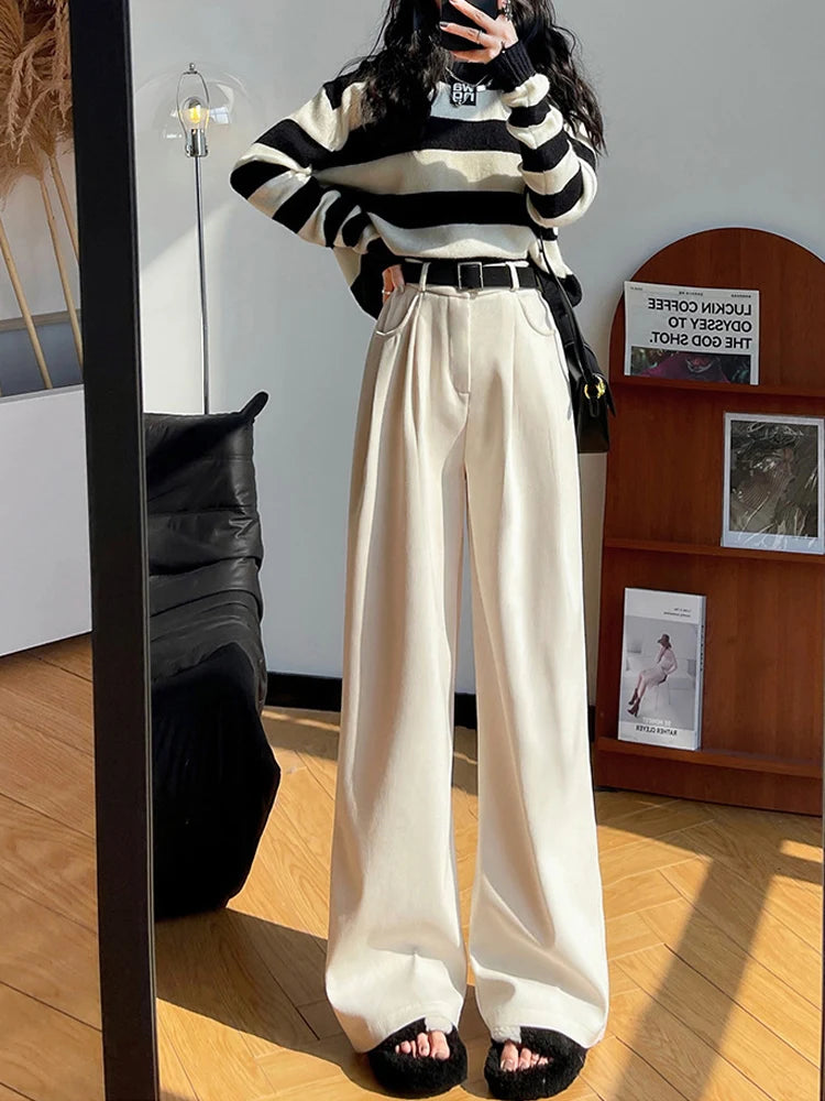 IMIEMIE Elegant Wide Leg Pants for Women 2024 Autumn New Maillard Full Length Trousers Winter Women's Baggy Pants with Velvet Sweatpants