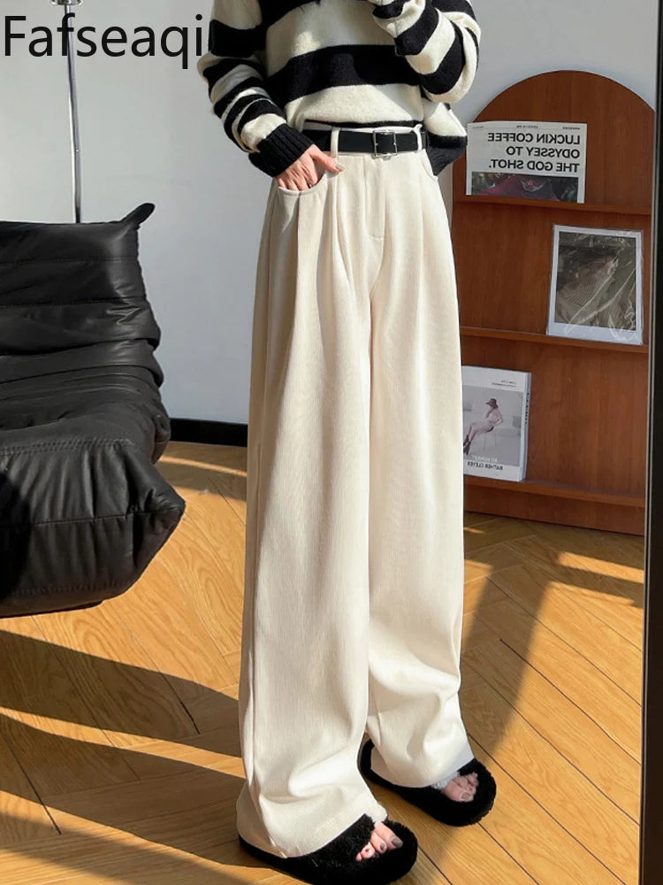 IMIEMIE Elegant Wide Leg Pants for Women 2024 Autumn New Maillard Full Length Trousers Winter Women's Baggy Pants with Velvet Sweatpants