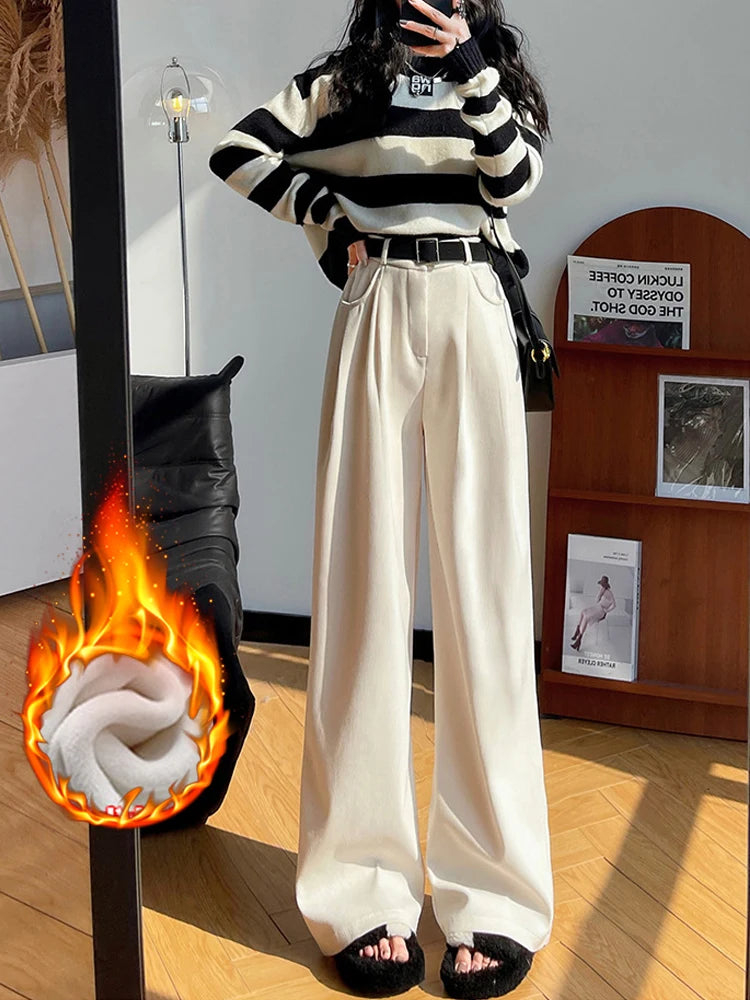 IMIEMIE Elegant Wide Leg Pants for Women 2024 Autumn New Maillard Full Length Trousers Winter Women's Baggy Pants with Velvet Sweatpants