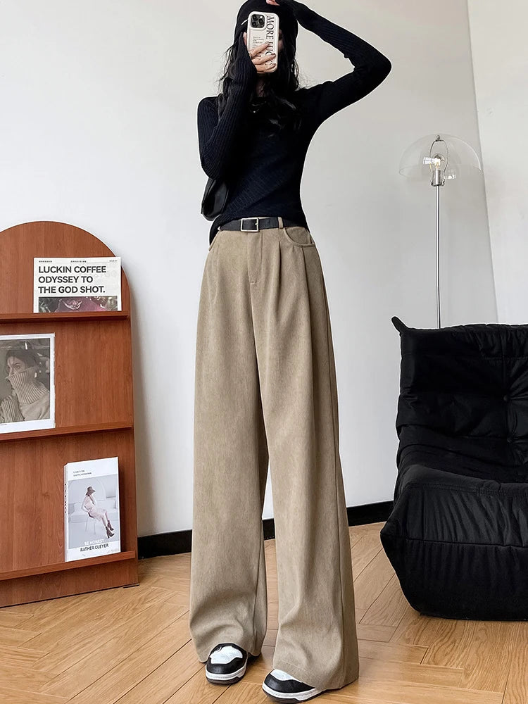 IMIEMIE Elegant Wide Leg Pants for Women 2024 Autumn New Maillard Full Length Trousers Winter Women's Baggy Pants with Velvet Sweatpants