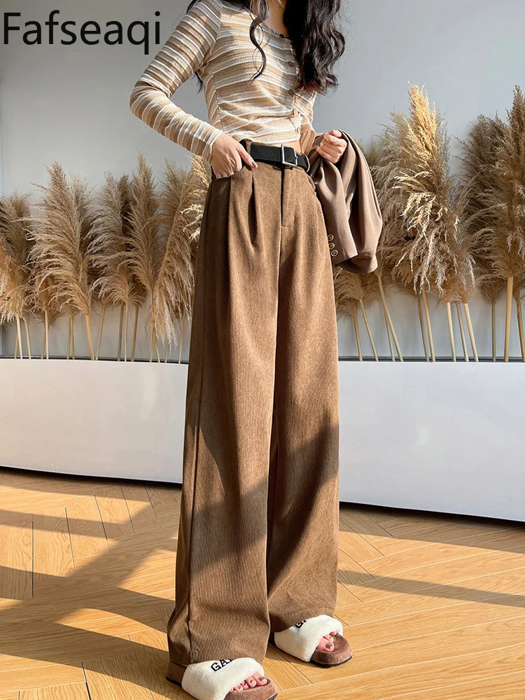 IMIEMIE Elegant Wide Leg Pants for Women 2024 Autumn New Maillard Full Length Trousers Winter Women's Baggy Pants with Velvet Sweatpants