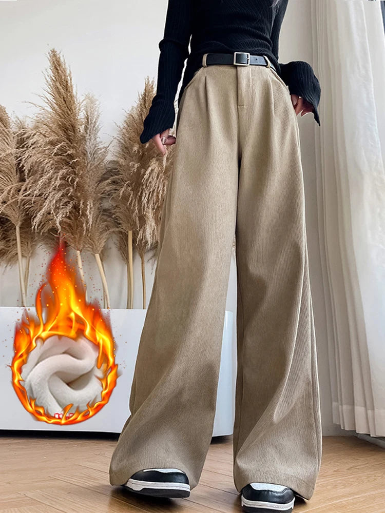 IMIEMIE Elegant Wide Leg Pants for Women 2024 Autumn New Maillard Full Length Trousers Winter Women's Baggy Pants with Velvet Sweatpants