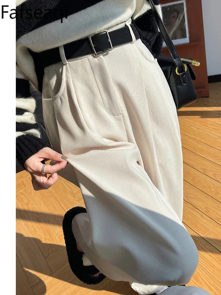 IMIEMIE Elegant Wide Leg Pants for Women 2024 Autumn New Maillard Full Length Trousers Winter Women's Baggy Pants with Velvet Sweatpants