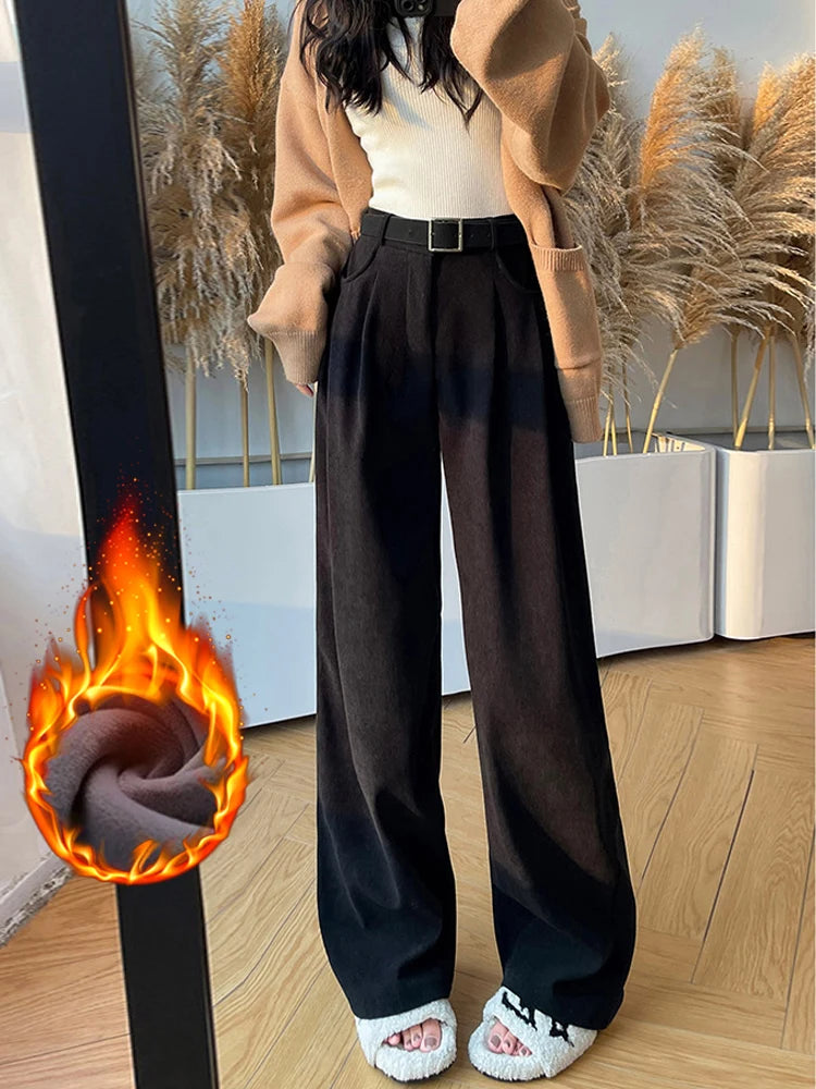 IMIEMIE Elegant Wide Leg Pants for Women 2024 Autumn New Maillard Full Length Trousers Winter Women's Baggy Pants with Velvet Sweatpants