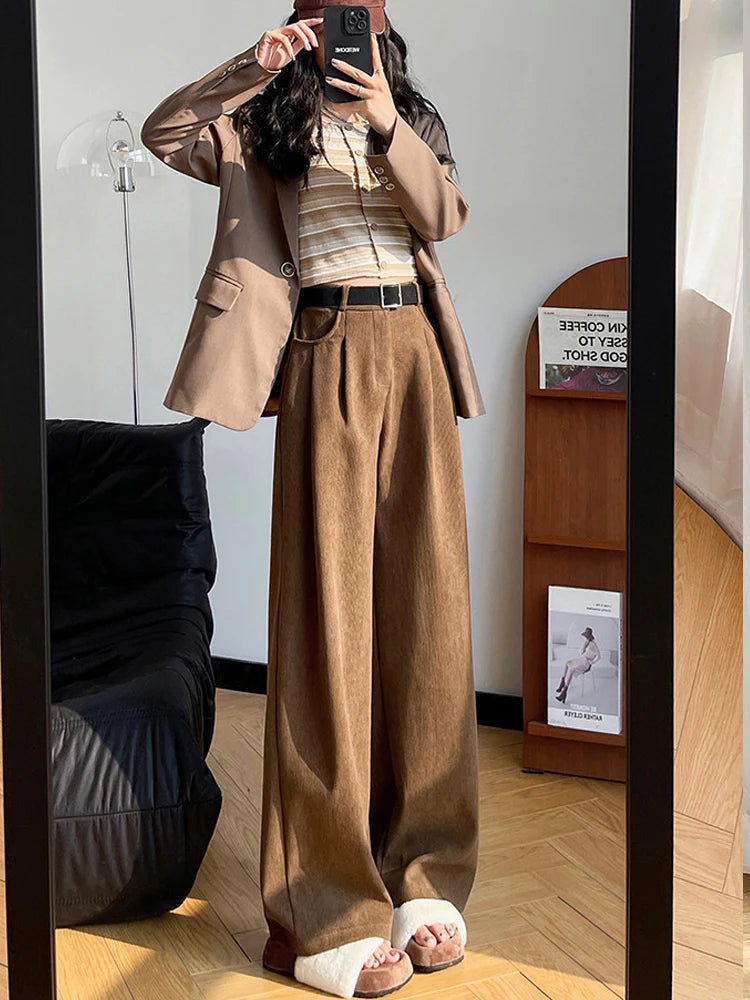 IMIEMIE Elegant Wide Leg Pants for Women 2024 Autumn New Maillard Full Length Trousers Winter Women's Baggy Pants with Velvet Sweatpants