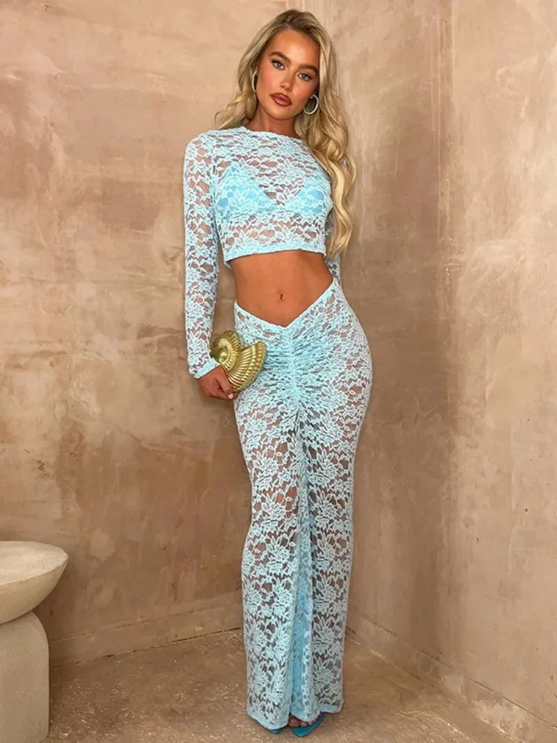 IMIEMIE Elegant Woman 2 Pieces Lace Dresses Set 2024 O-neck Long Sleeve Hollow Out Cropped T-shirt+Low Waist Skirts Evening Party Outfit