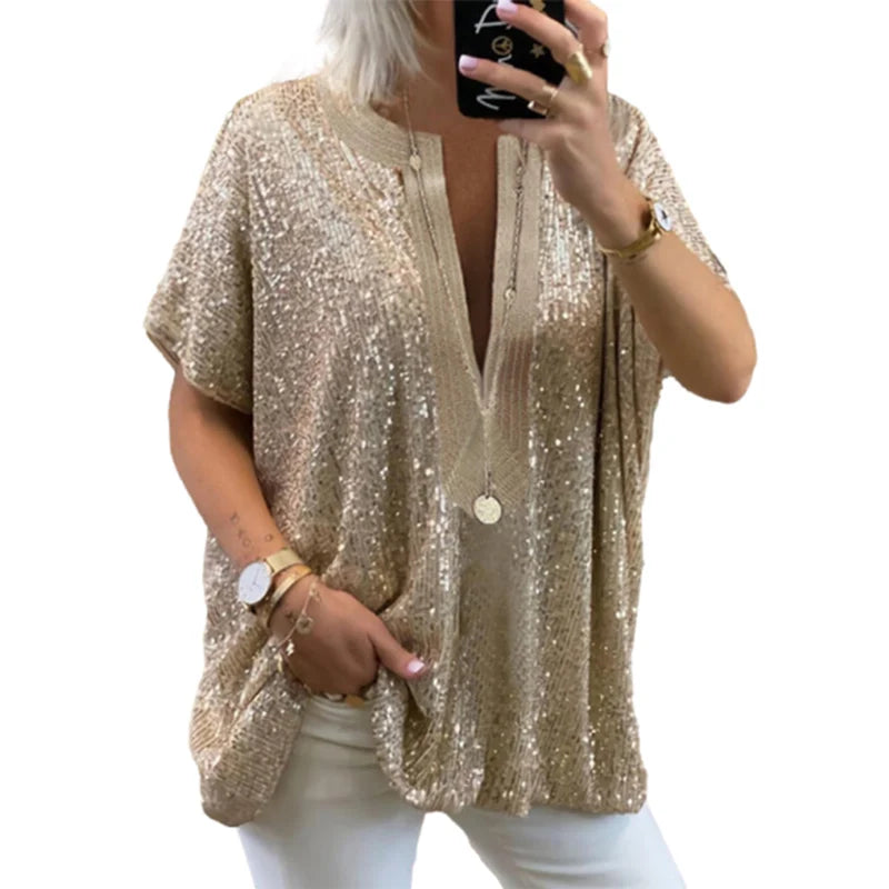 IMIEMIE Elegant Women Deep V Neck Pullover Shirt Fashion Sequins Splicing Loose Blouse Female Summer Short Sleeve Tops Trend Streetwear