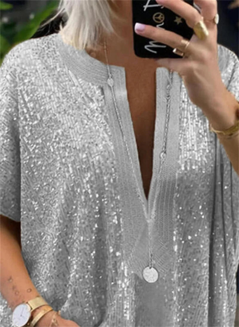 IMIEMIE Elegant Women Deep V Neck Pullover Shirt Fashion Sequins Splicing Loose Blouse Female Summer Short Sleeve Tops Trend Streetwear