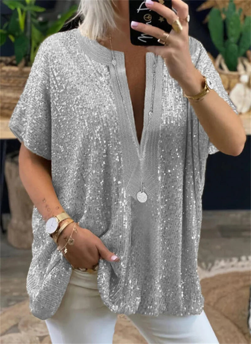 IMIEMIE Elegant Women Deep V Neck Pullover Shirt Fashion Sequins Splicing Loose Blouse Female Summer Short Sleeve Tops Trend Streetwear