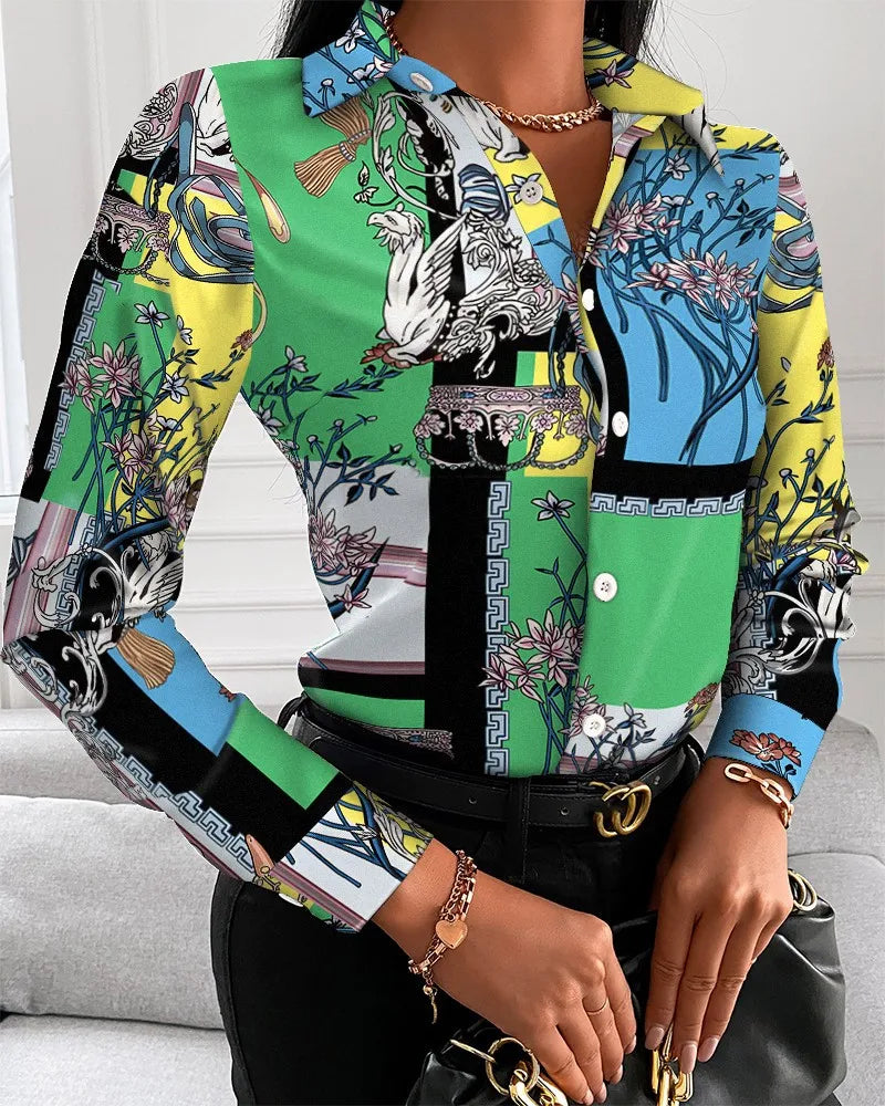 IMIEMIE Elegant Women's Fashion Blouse 2024 Spring/Summer Digital Print Shirt Commuter Slim Fit Office Female Tops S-XXL