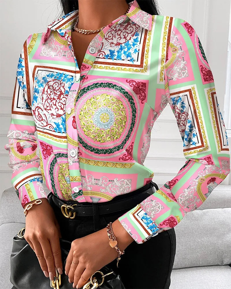 IMIEMIE Elegant Women's Fashion Blouse 2024 Spring/Summer Digital Print Shirt Commuter Slim Fit Office Female Tops S-XXL