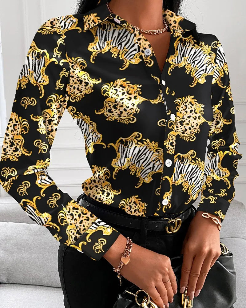 IMIEMIE Elegant Women's Fashion Blouse 2024 Spring/Summer Digital Print Shirt Commuter Slim Fit Office Female Tops S-XXL