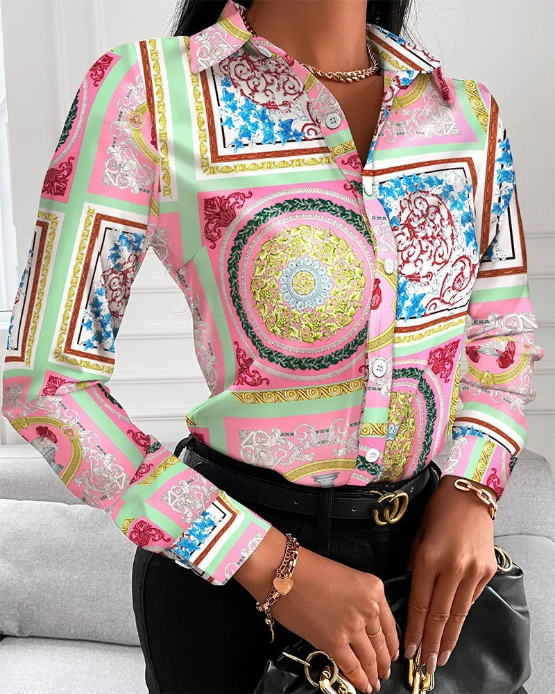 IMIEMIE Elegant Women's Fashion Blouse 2024 Spring/Summer Digital Print Shirt Commuter Slim Fit Office Female Tops S-XXL