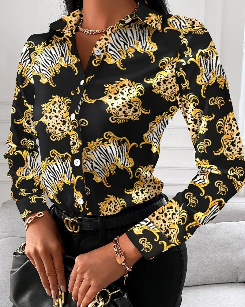 IMIEMIE Elegant Women's Fashion Blouse 2024 Spring/Summer Digital Print Shirt Commuter Slim Fit Office Female Tops S-XXL