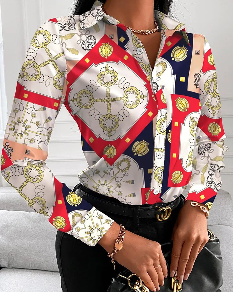 IMIEMIE Elegant Women's Fashion Blouse 2024 Spring/Summer Digital Print Shirt Commuter Slim Fit Office Female Tops S-XXL