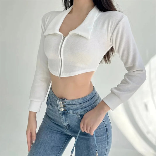 IMIEMIE European And American Style Sexy Hot Girl Lapel Slim Cardigan Knitted Sweaters Autumn New Women's 2024 Fashion Zipper Short Tops