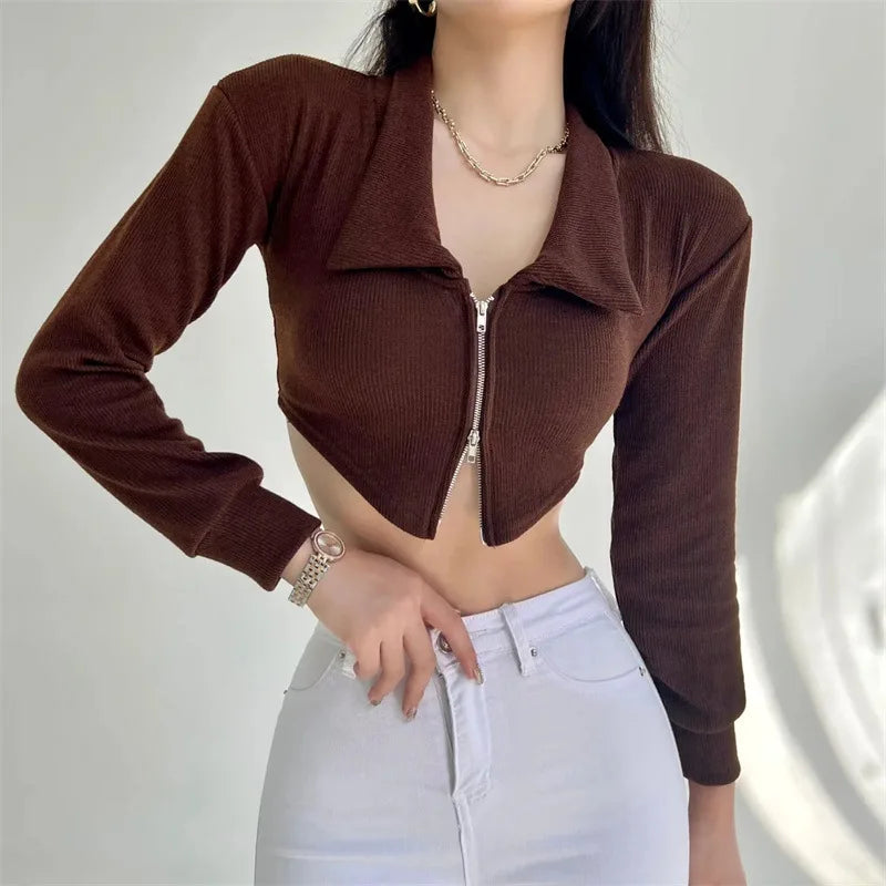 IMIEMIE European And American Style Sexy Hot Girl Lapel Slim Cardigan Knitted Sweaters Autumn New Women's 2024 Fashion Zipper Short Tops