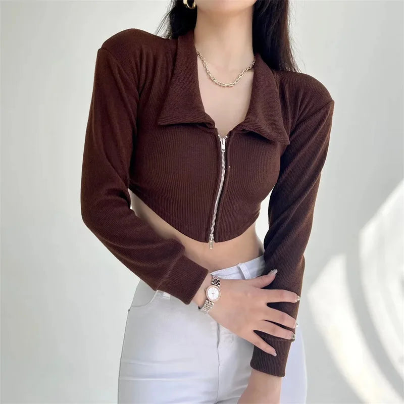 IMIEMIE European And American Style Sexy Hot Girl Lapel Slim Cardigan Knitted Sweaters Autumn New Women's 2024 Fashion Zipper Short Tops