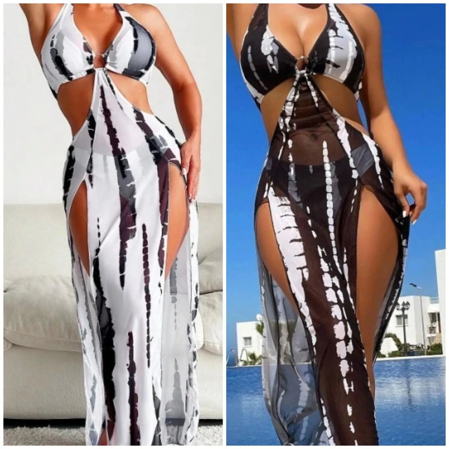 IMIEMIE European And American Three Pieces Halter Ring Link Bikini 2024 Women Sexy Cut Out Side Cover Up Dress Swimsuit Bikini Mujer