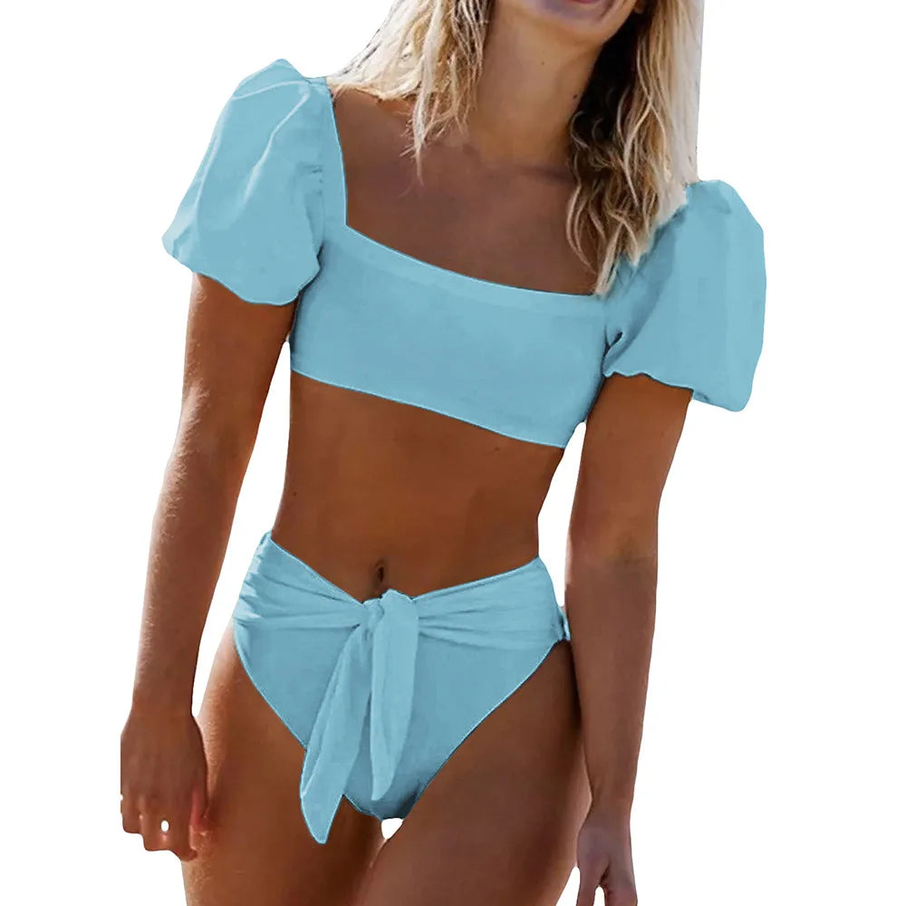 IMIEMIE European and American Bikini Two-Piece Set Solid Color Women Beach Split Swimsuit Bikini Swimwear Female Puff Sleeve