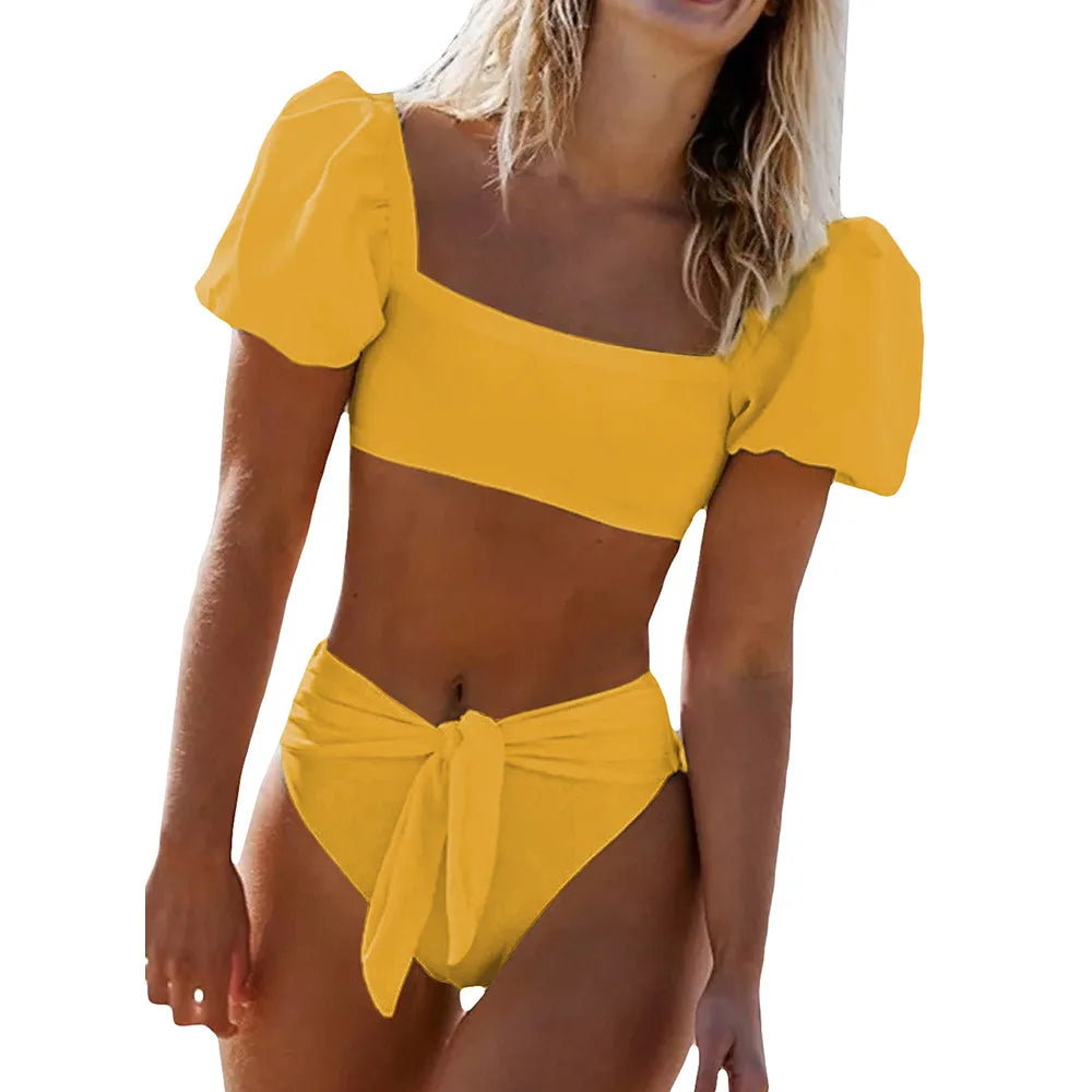 IMIEMIE European and American Bikini Two-Piece Set Solid Color Women Beach Split Swimsuit Bikini Swimwear Female Puff Sleeve