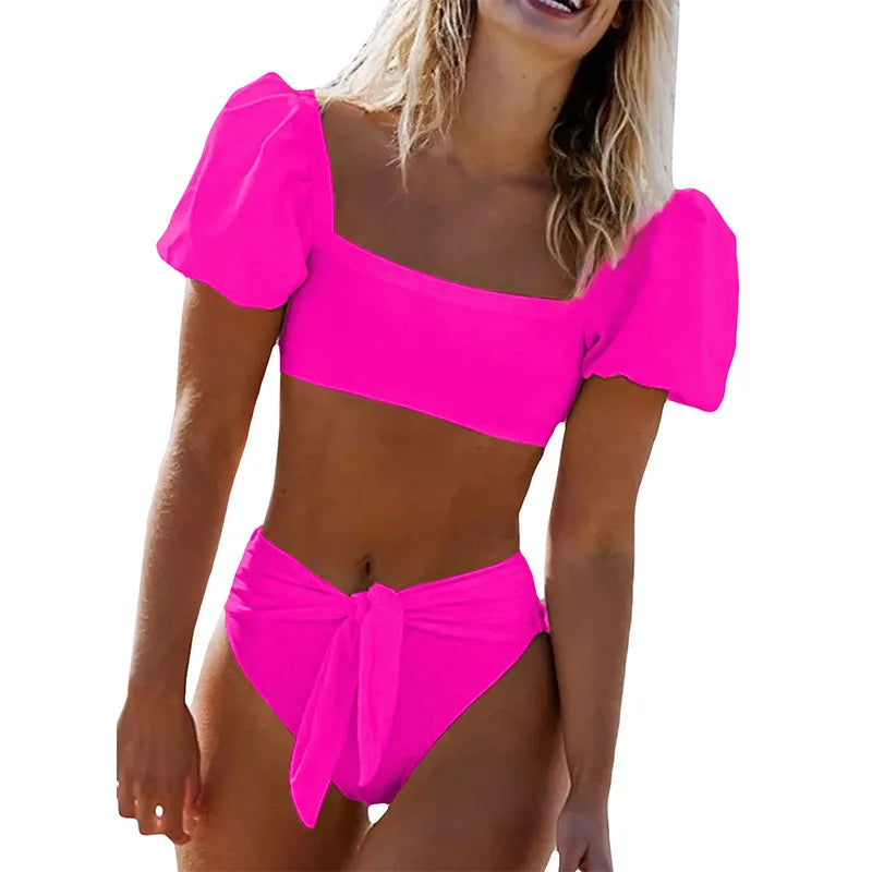 IMIEMIE European and American Bikini Two-Piece Set Solid Color Women Beach Split Swimsuit Bikini Swimwear Female Puff Sleeve