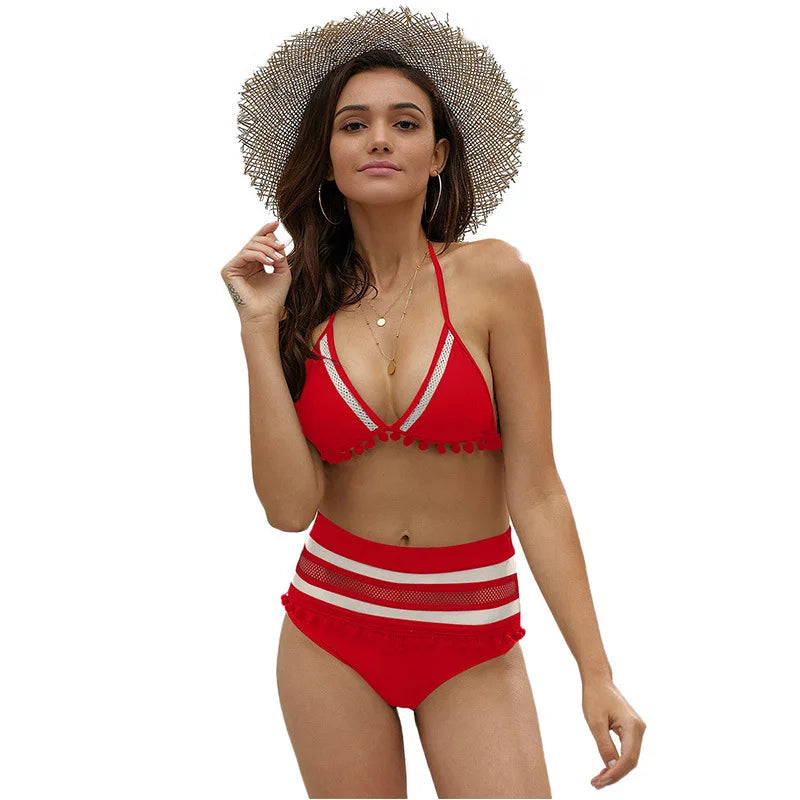 IMIEMIE European and American New Beach Bikini Bikini Swimsuit Female Tassel Swimwear High Waist Split Swimsuit