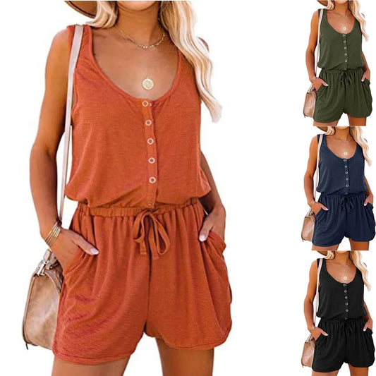 IMIEMIE European and American Women's Summer Cross-Border New Sleeveless Jumpsuit With Waist Tied Casual Loose Wide leg Shorts