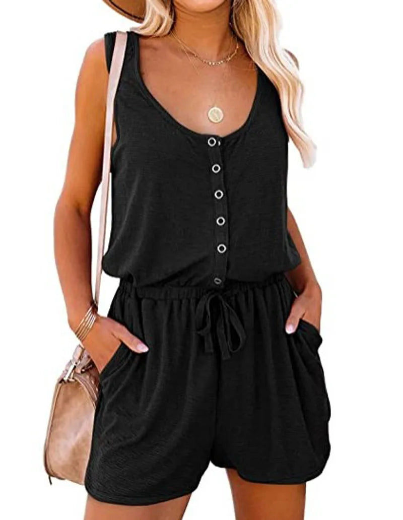 IMIEMIE European and American Women's Summer Cross-Border New Sleeveless Jumpsuit With Waist Tied Casual Loose Wide leg Shorts