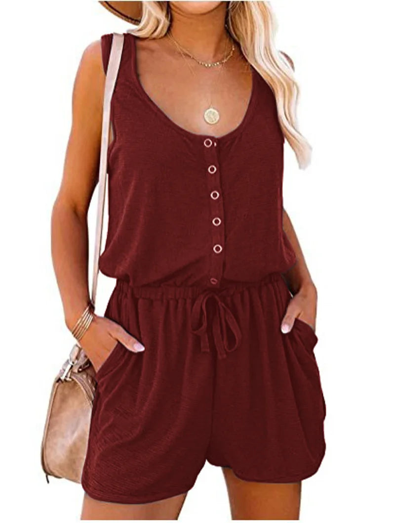 IMIEMIE European and American Women's Summer Cross-Border New Sleeveless Jumpsuit With Waist Tied Casual Loose Wide leg Shorts