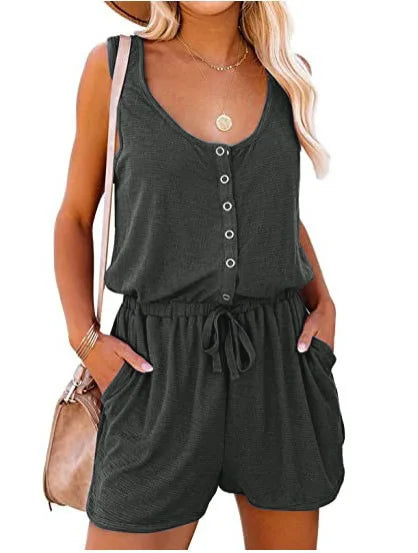 IMIEMIE European and American Women's Summer Cross-Border New Sleeveless Jumpsuit With Waist Tied Casual Loose Wide leg Shorts