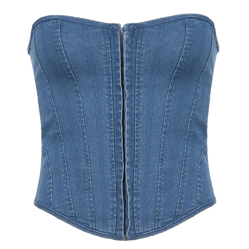 IMIEMIE European and American Y2K women's summer women's wave neckline fish bone slim fit strap solid color denim top for women