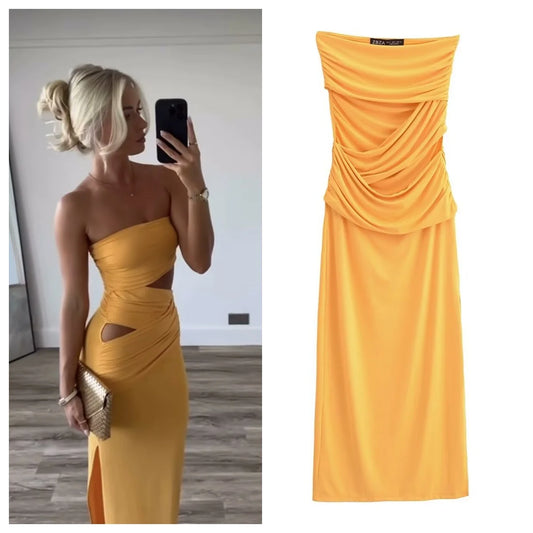 IMIEMIE European and American style design one-shoulder tube top slim slit dress female summer French hot girl party hip long skirt