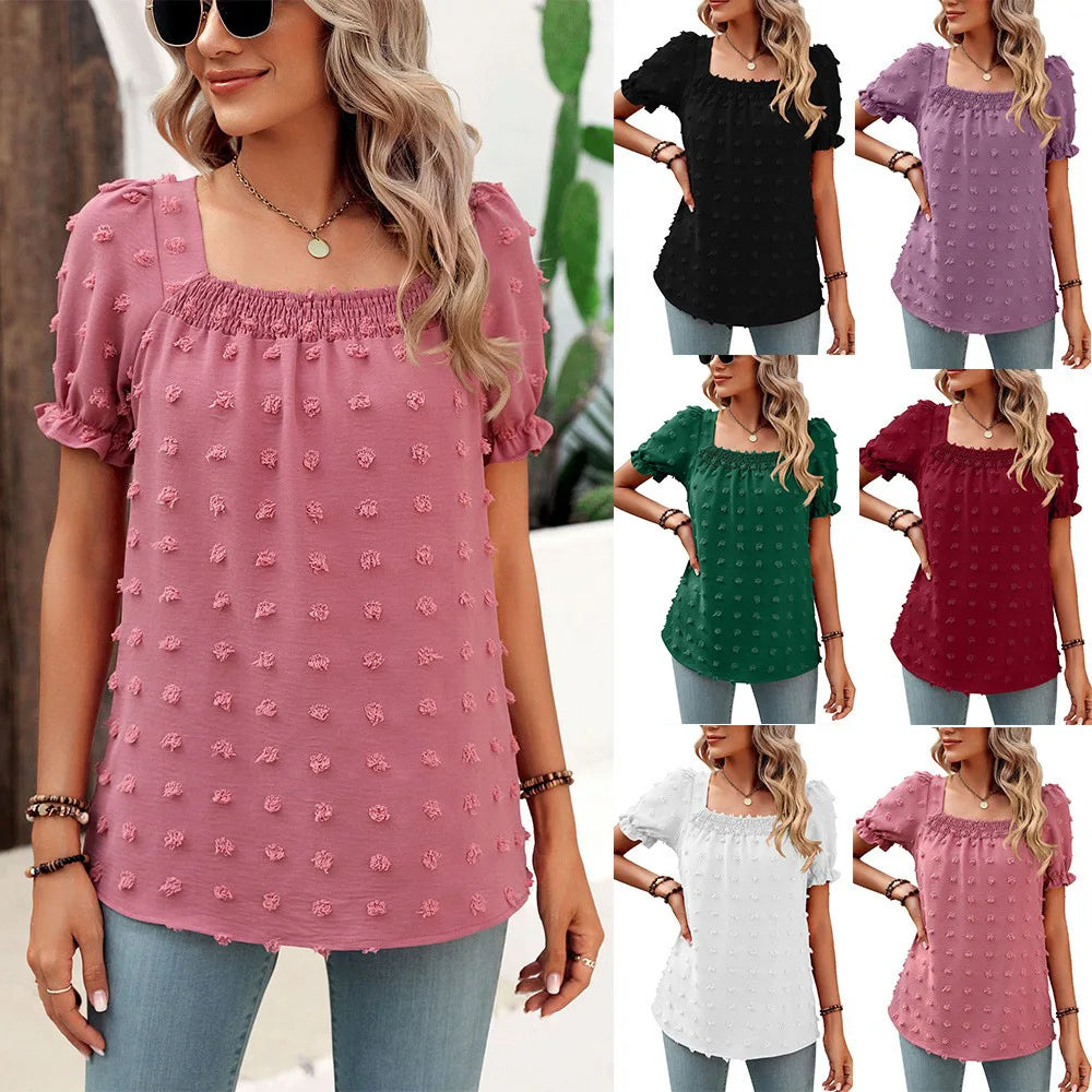 IMIEMIE European and American women's new spring and summer chiffon large wool ball short sleeved square neck top    t shirt women