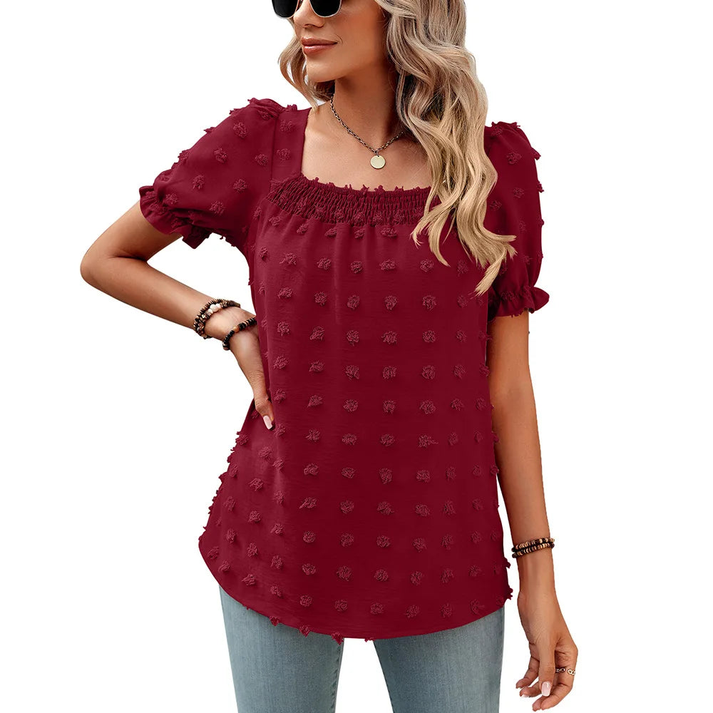 IMIEMIE European and American women's new spring and summer chiffon large wool ball short sleeved square neck top    t shirt women