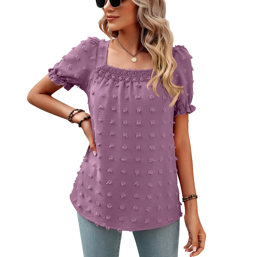 IMIEMIE European and American women's new spring and summer chiffon large wool ball short sleeved square neck top    t shirt women