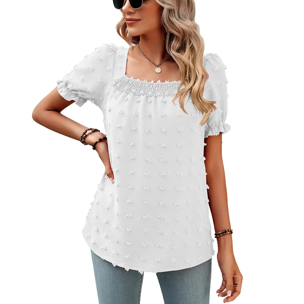 IMIEMIE European and American women's new spring and summer chiffon large wool ball short sleeved square neck top    t shirt women