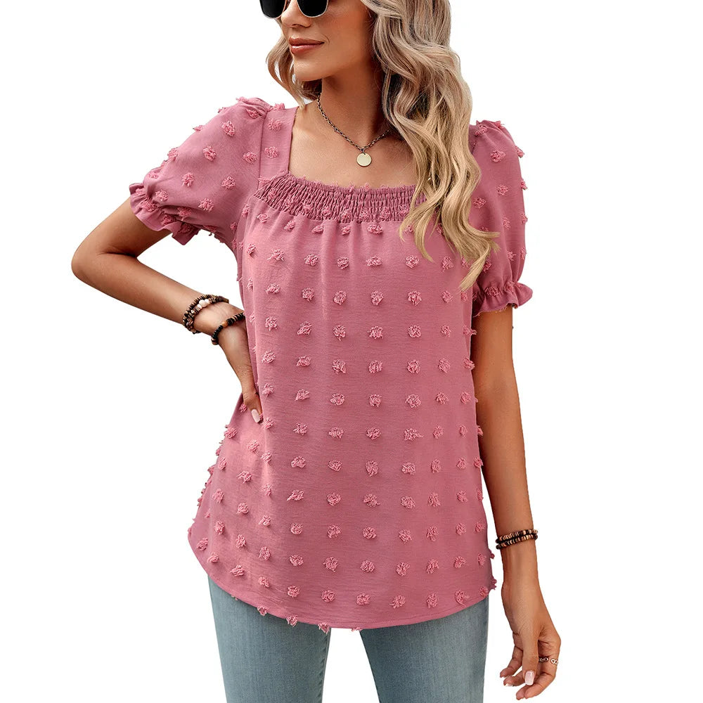 IMIEMIE European and American women's new spring and summer chiffon large wool ball short sleeved square neck top    t shirt women