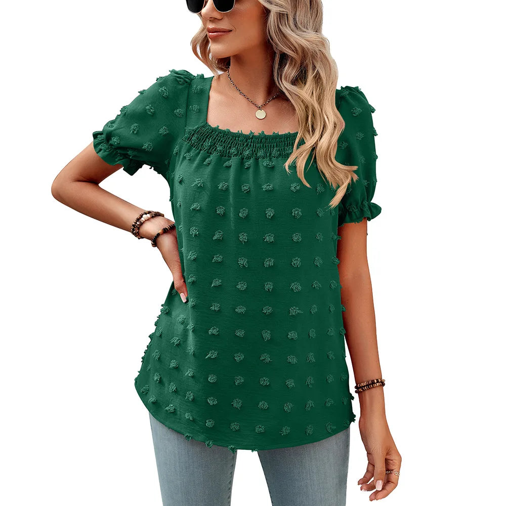 IMIEMIE European and American women's new spring and summer chiffon large wool ball short sleeved square neck top    t shirt women