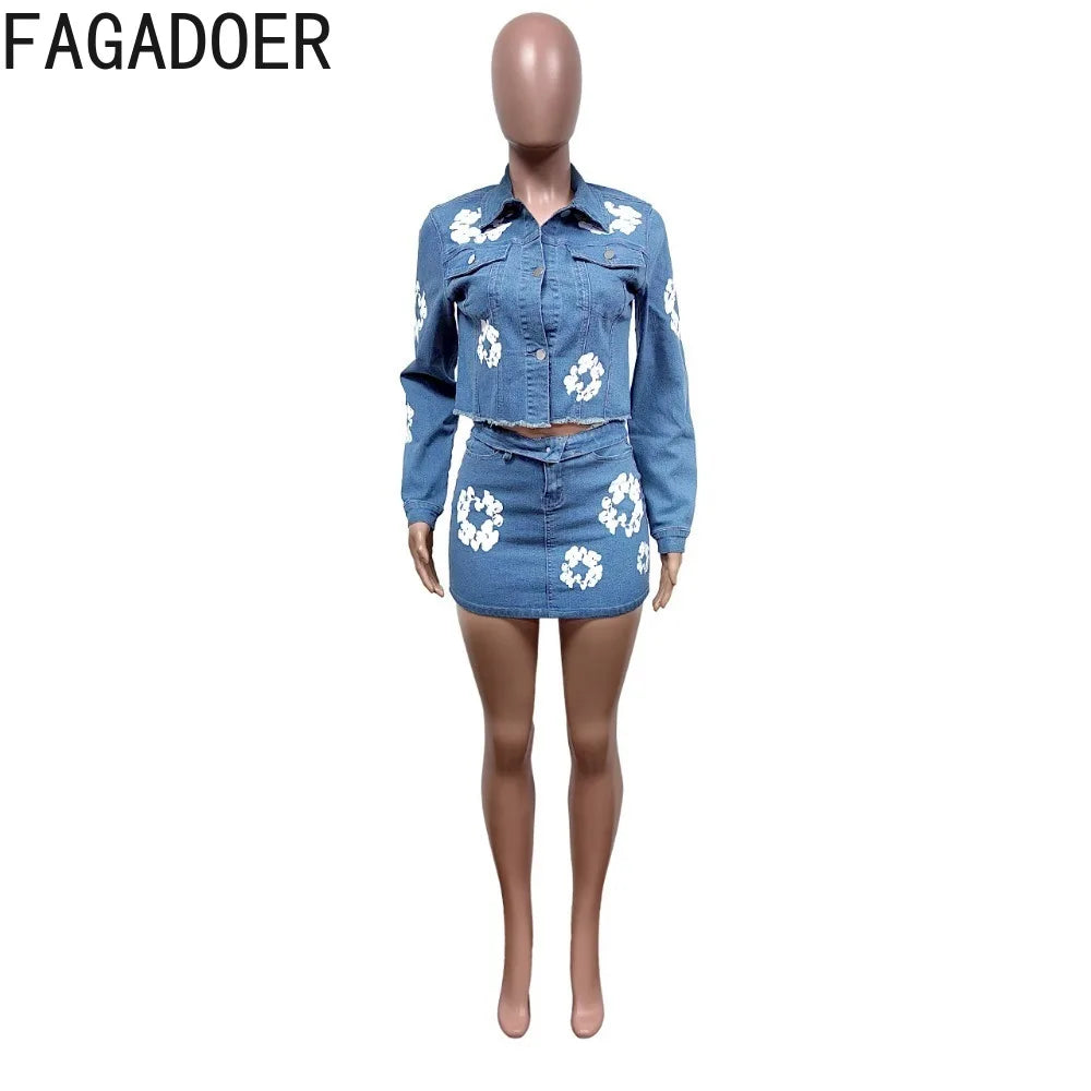 IMIEMIE FAGADOER Blue Denim Fashion Print Mini Skirts Two Piece Sets Women Turndown Collar Button Long Sleeve Crop Top And Skirt Outfits