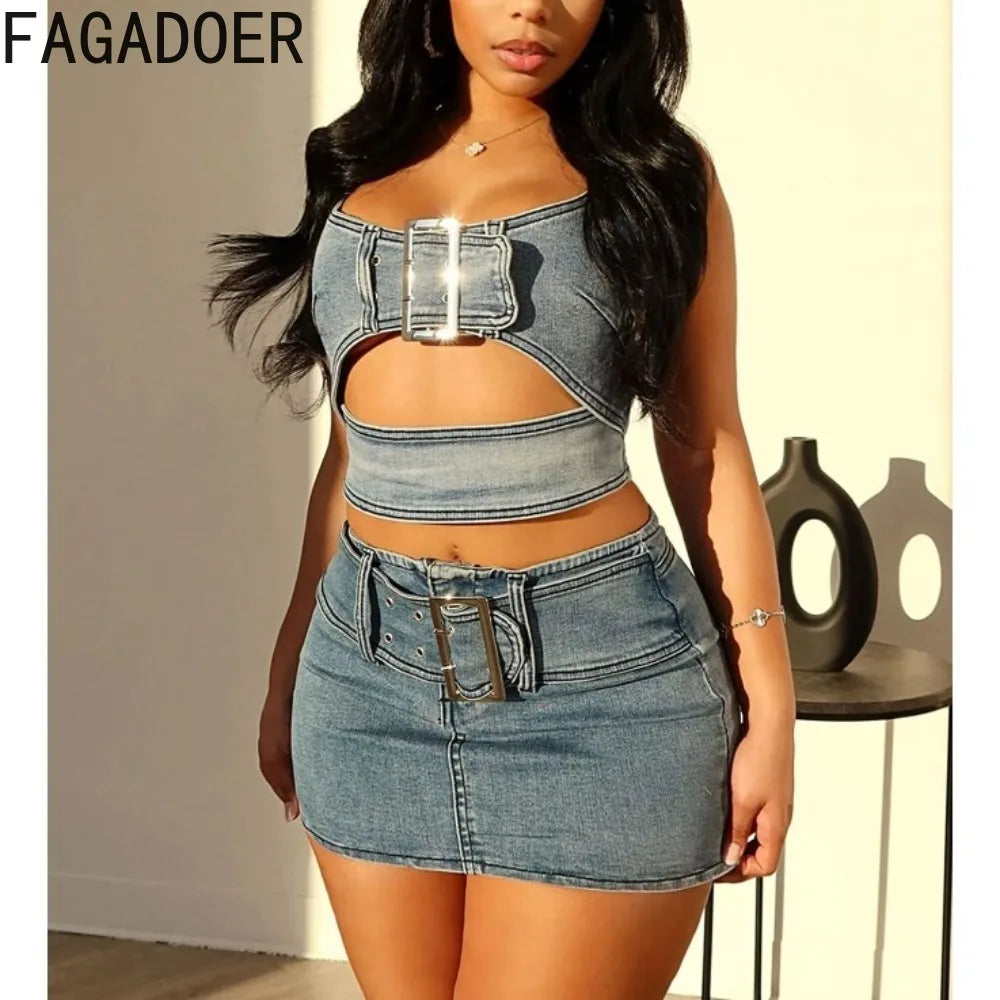 HAIPURUNFAGADOER Blue Fashion Hollow Out Elasticity Denim Two Piece Sets Women Thin Strap Sleeveless Tank Top And Skirts Cowboy Outfits