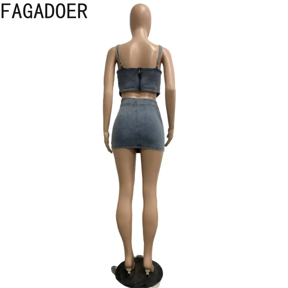 IMIEMIE FAGADOER Blue Fashion Hollow Out Elasticity Denim Two Piece Sets Women Thin Strap Sleeveless Tank Top And Skirts Cowboy Outfits