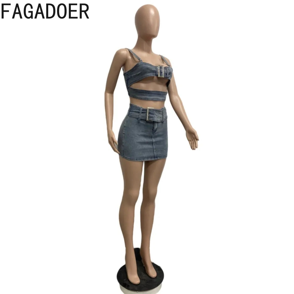 HAIPURUNFAGADOER Blue Fashion Hollow Out Elasticity Denim Two Piece Sets Women Thin Strap Sleeveless Tank Top And Skirts Cowboy Outfits